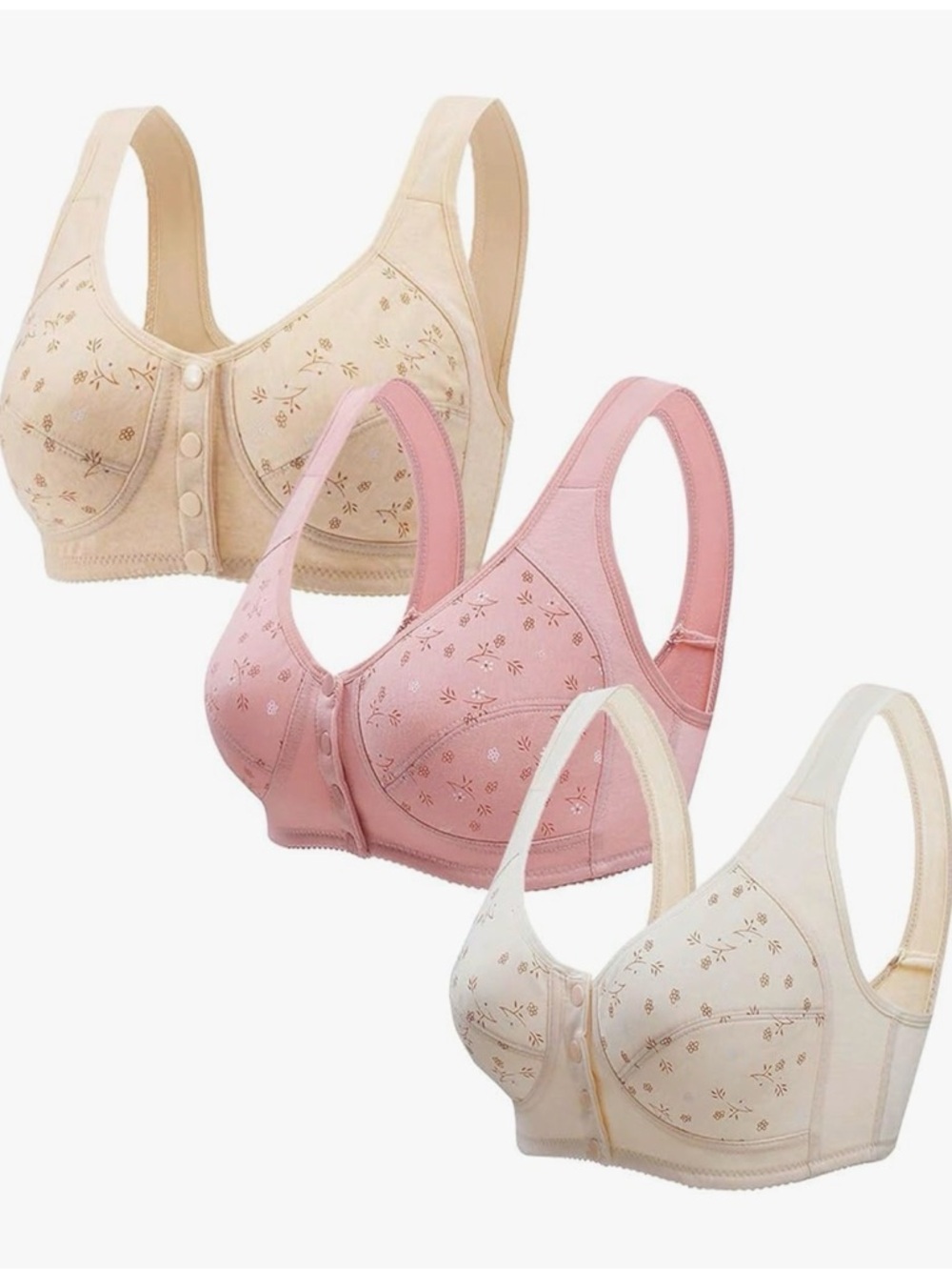 3-Pack Front-Closure Wireless Bra - Floral Pink, floral Yellow, plain White XL